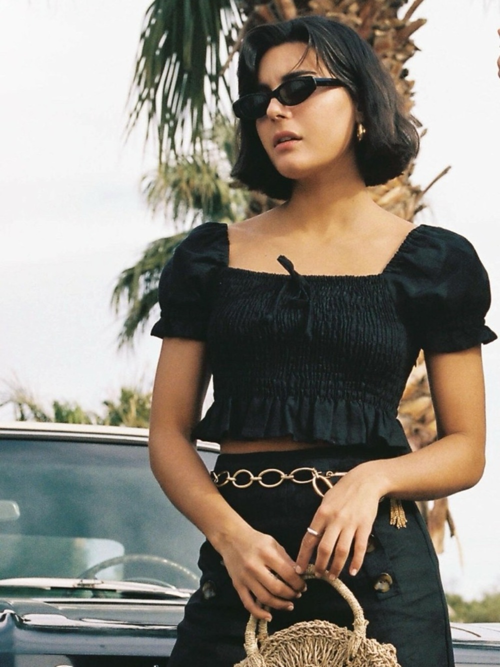 FAITHFULL THE BRAND Marie Black Puff Sleeve Ruched Crop Top